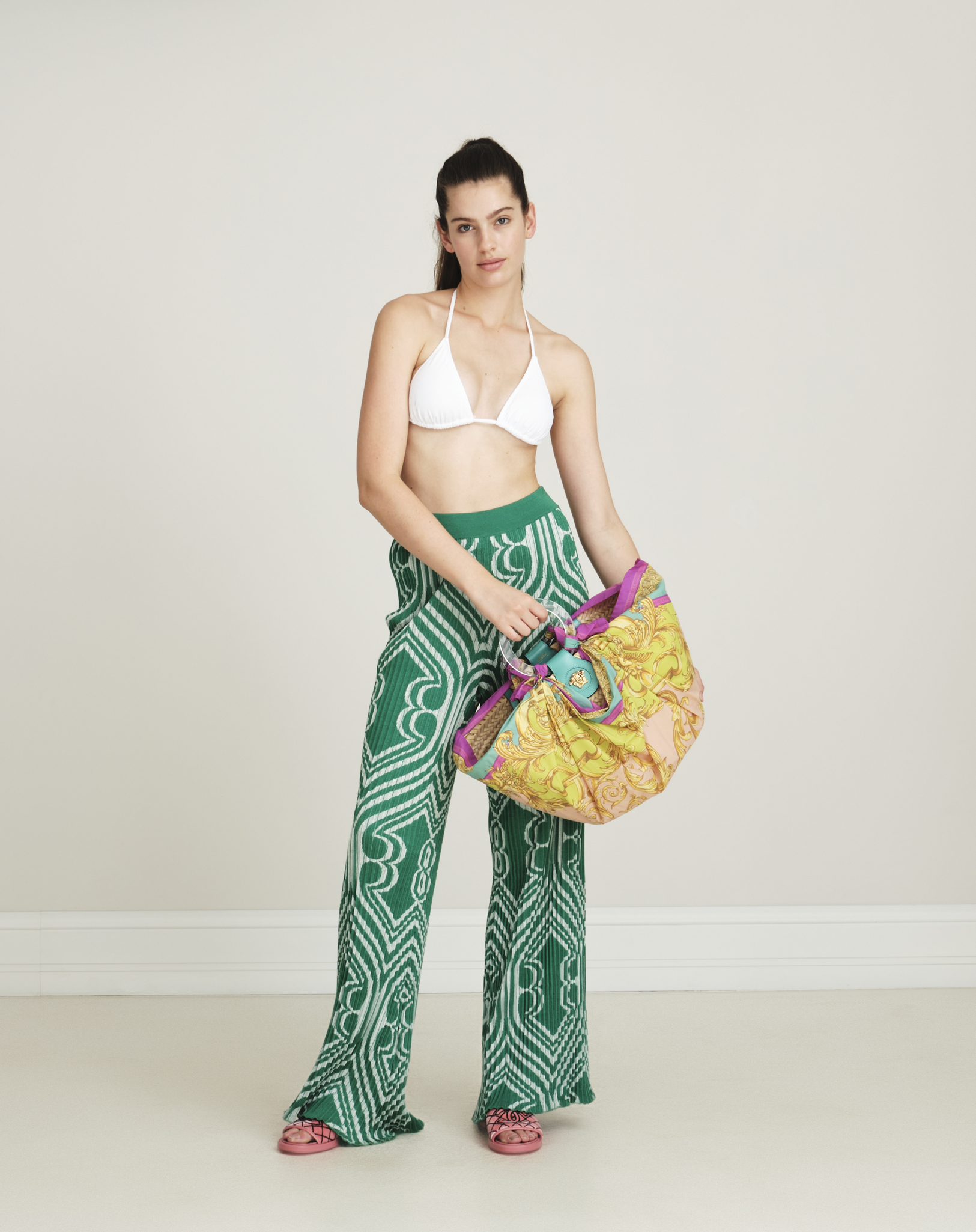 Etro -Green Geometric Pattern Jacquard Plisse w Palazzo Pants  IT42